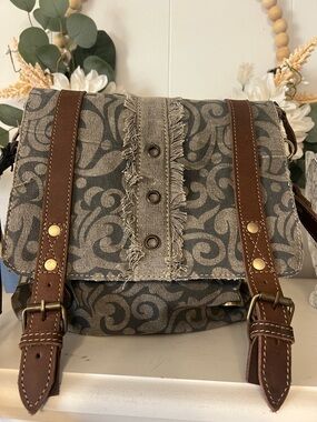 Myra Bag Gray Patterned Canvas Crossbody with Brown Leather Straps